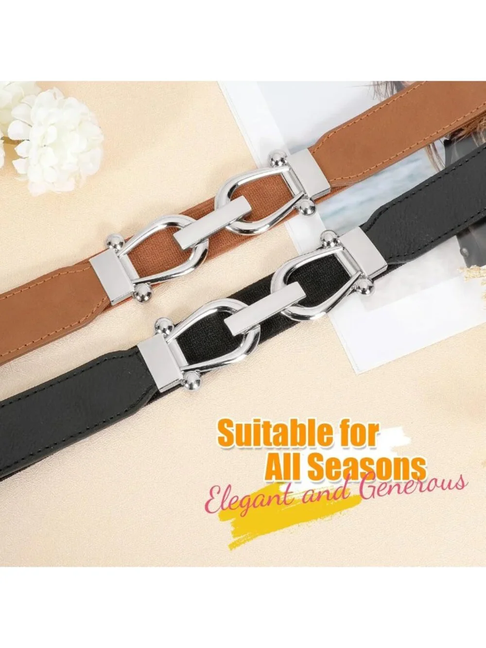 Set of 4 Retro Skinny Stretch Waist Belts for Dresses with Gold Buckle